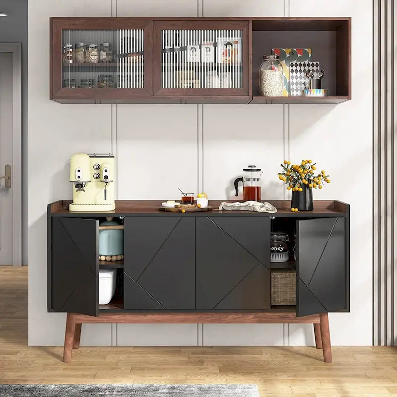 Bahut de cuisine de 55 pouces avec rangement, buffet de bar à café avec portes - N/A