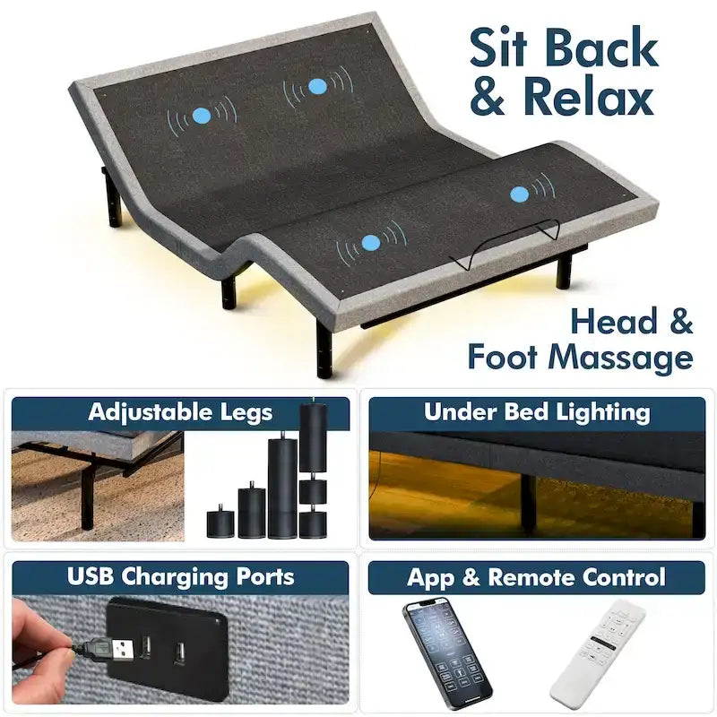 Sommier articulé avec matelas hybride 12 pouces, double massage, ports USB, contrôle par application, éclairage sous le lit, télécommande