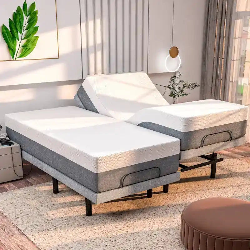 Sommier articulé avec matelas hybride 12 pouces, double massage, ports USB, contrôle par application, éclairage sous le lit, télécommande