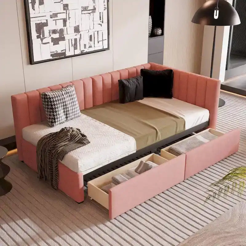 Linen Fabric Upholstered Daybed with 2 Storage Drawers and Twin Size Sofa Bed Frame & Upholstered Backrest, No Box Spring Needed