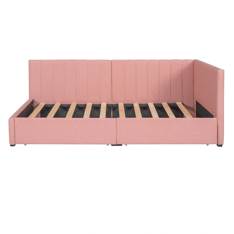 Lit de Repos Rembourré en Tissu de Lin avec 2 Tiroirs de Rangement et Cadre de Canapé-Lit Jumeau & Dossier Rembourré, Aucun Sommier Tapissier Requis