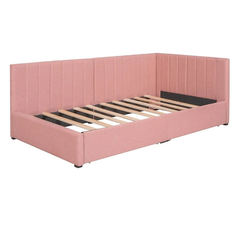 Lit de Repos Rembourré en Tissu de Lin avec 2 Tiroirs de Rangement et Cadre de Canapé-Lit Jumeau & Dossier Rembourré, Aucun Sommier Tapissier Requis