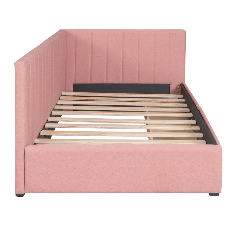 Lit de Repos Rembourré en Tissu de Lin avec 2 Tiroirs de Rangement et Cadre de Canapé-Lit Jumeau & Dossier Rembourré, Aucun Sommier Tapissier Requis