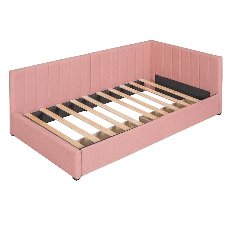 Lit de Repos Rembourré en Tissu de Lin avec 2 Tiroirs de Rangement et Cadre de Canapé-Lit Jumeau & Dossier Rembourré, Aucun Sommier Tapissier Requis
