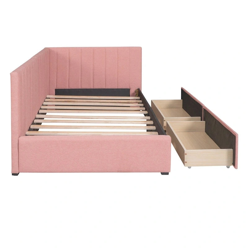 Lit de Repos Rembourré en Tissu de Lin avec 2 Tiroirs de Rangement et Cadre de Canapé-Lit Jumeau & Dossier Rembourré, Aucun Sommier Tapissier Requis