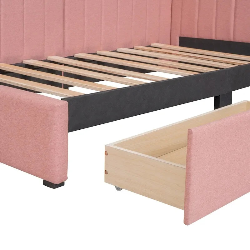 Lit de Repos Rembourré en Tissu de Lin avec 2 Tiroirs de Rangement et Cadre de Canapé-Lit Jumeau & Dossier Rembourré, Aucun Sommier Tapissier Requis