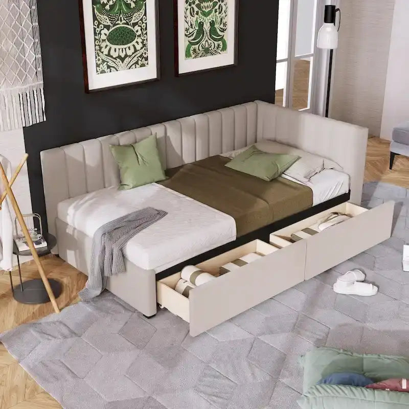 Lit de Repos Rembourré en Tissu de Lin avec 2 Tiroirs de Rangement et Cadre de Canapé-Lit Jumeau & Dossier Rembourré, Aucun Sommier Tapissier Requis