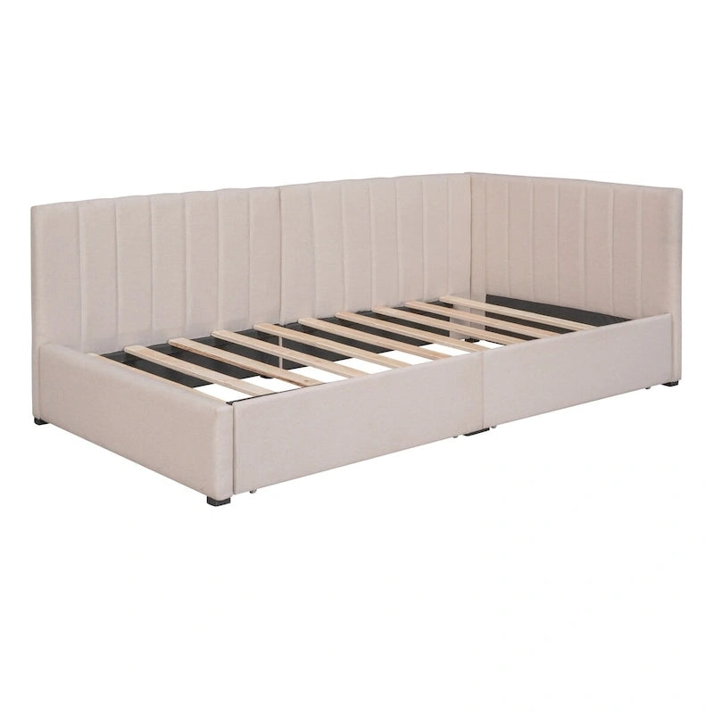 Lit de Repos Rembourré en Tissu de Lin avec 2 Tiroirs de Rangement et Cadre de Canapé-Lit Jumeau & Dossier Rembourré, Aucun Sommier Tapissier Requis
