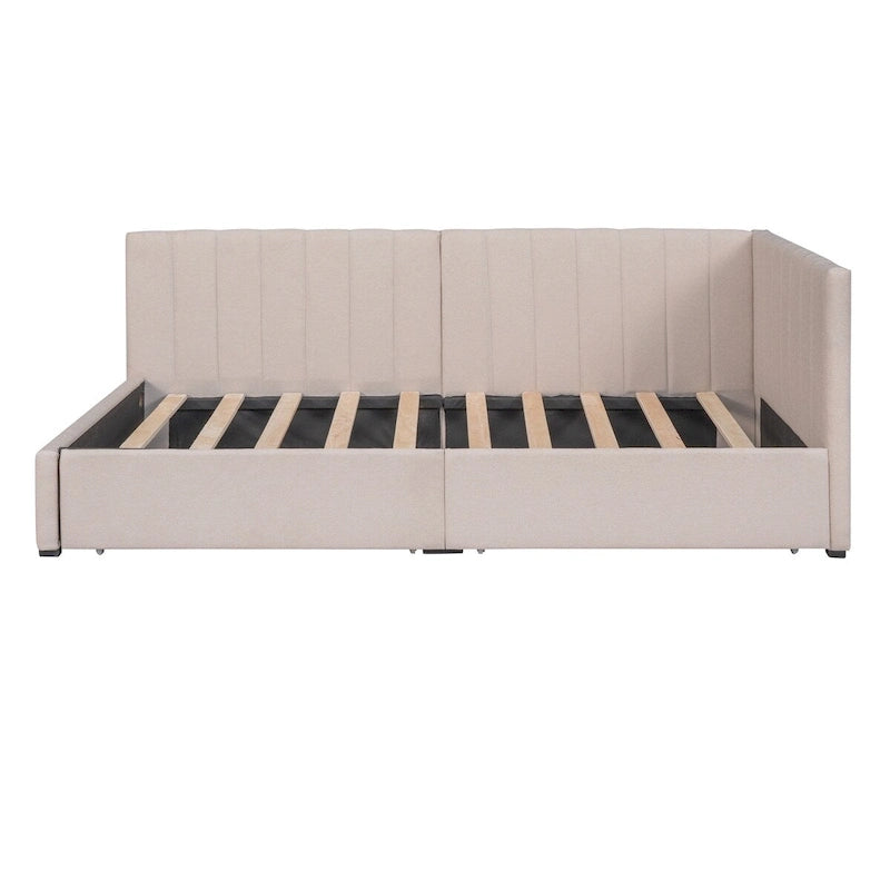 Lit de Repos Rembourré en Tissu de Lin avec 2 Tiroirs de Rangement et Cadre de Canapé-Lit Jumeau & Dossier Rembourré, Aucun Sommier Tapissier Requis