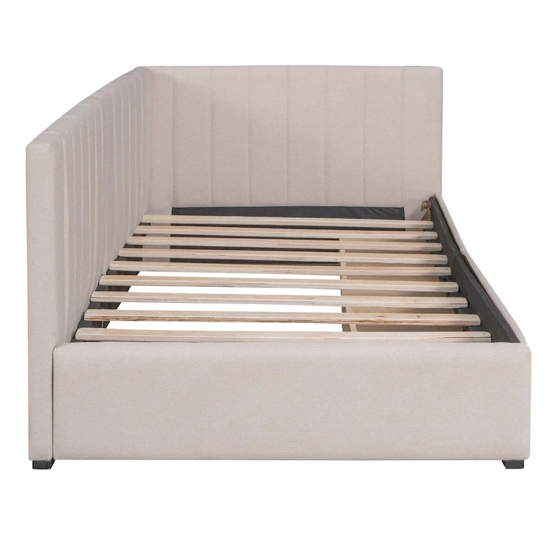 Lit de Repos Rembourré en Tissu de Lin avec 2 Tiroirs de Rangement et Cadre de Canapé-Lit Jumeau & Dossier Rembourré, Aucun Sommier Tapissier Requis