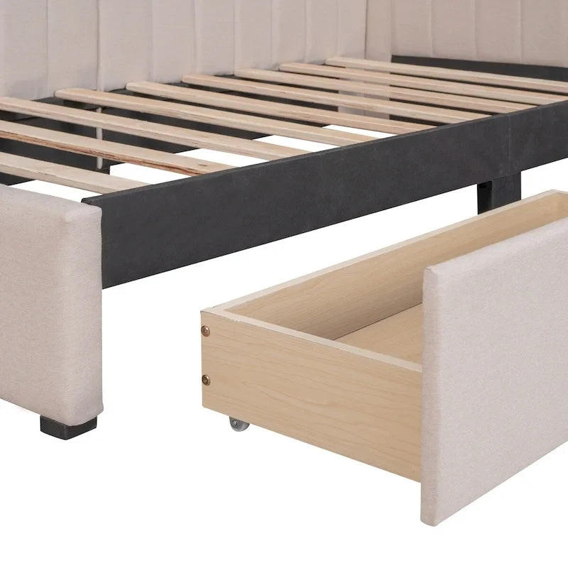 Lit de Repos Rembourré en Tissu de Lin avec 2 Tiroirs de Rangement et Cadre de Canapé-Lit Jumeau & Dossier Rembourré, Aucun Sommier Tapissier Requis