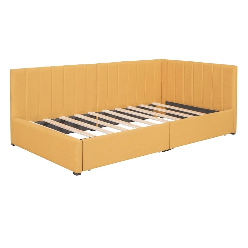 Lit de Repos Rembourré en Tissu de Lin avec 2 Tiroirs de Rangement et Cadre de Canapé-Lit Jumeau & Dossier Rembourré, Aucun Sommier Tapissier Requis