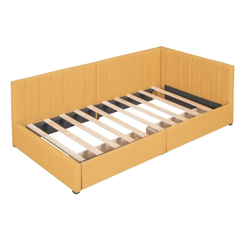 Lit de Repos Rembourré en Tissu de Lin avec 2 Tiroirs de Rangement et Cadre de Canapé-Lit Jumeau & Dossier Rembourré, Aucun Sommier Tapissier Requis