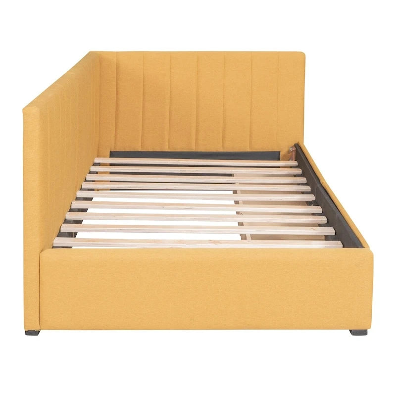 Lit de Repos Rembourré en Tissu de Lin avec 2 Tiroirs de Rangement et Cadre de Canapé-Lit Jumeau & Dossier Rembourré, Aucun Sommier Tapissier Requis