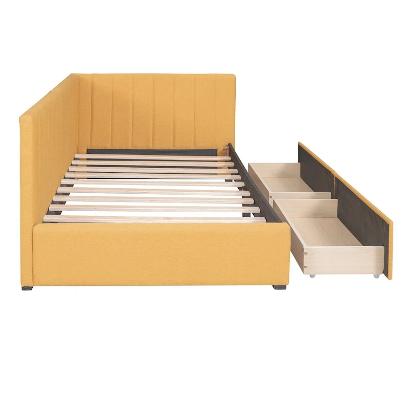 Lit de Repos Rembourré en Tissu de Lin avec 2 Tiroirs de Rangement et Cadre de Canapé-Lit Jumeau & Dossier Rembourré, Aucun Sommier Tapissier Requis
