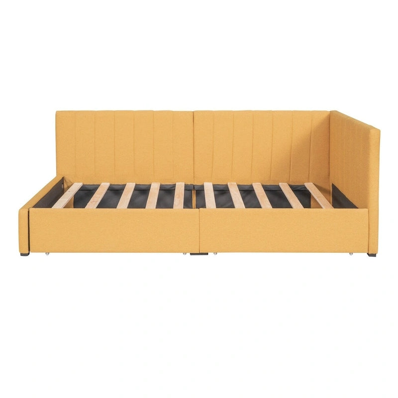 Lit de Repos Rembourré en Tissu de Lin avec 2 Tiroirs de Rangement et Cadre de Canapé-Lit Jumeau & Dossier Rembourré, Aucun Sommier Tapissier Requis