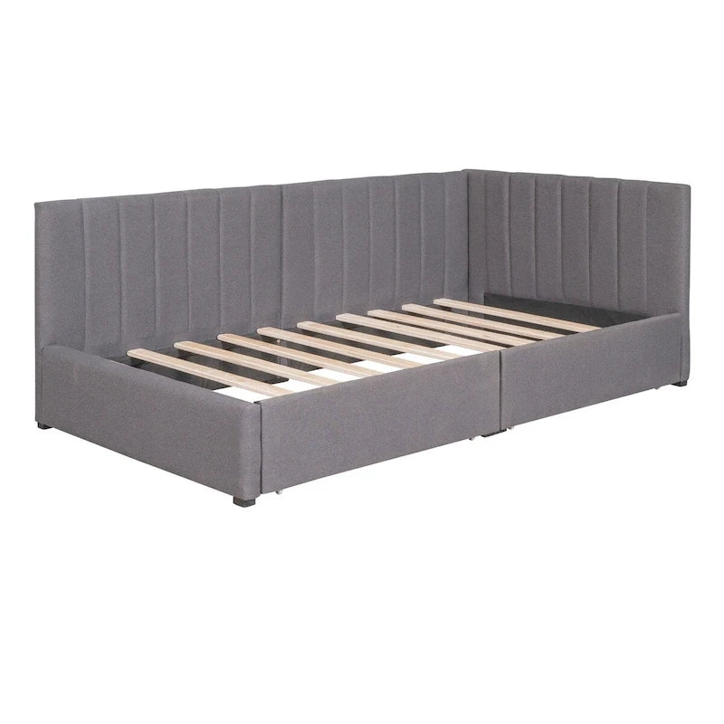 Lit de Repos Rembourré en Tissu de Lin avec 2 Tiroirs de Rangement et Cadre de Canapé-Lit Jumeau & Dossier Rembourré, Aucun Sommier Tapissier Requis