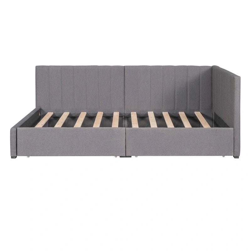 Lit de Repos Rembourré en Tissu de Lin avec 2 Tiroirs de Rangement et Cadre de Canapé-Lit Jumeau & Dossier Rembourré, Aucun Sommier Tapissier Requis
