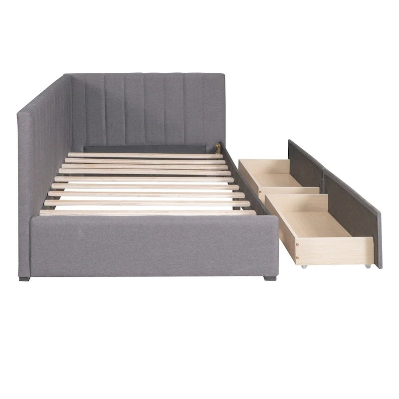 Lit de Repos Rembourré en Tissu de Lin avec 2 Tiroirs de Rangement et Cadre de Canapé-Lit Jumeau & Dossier Rembourré, Aucun Sommier Tapissier Requis