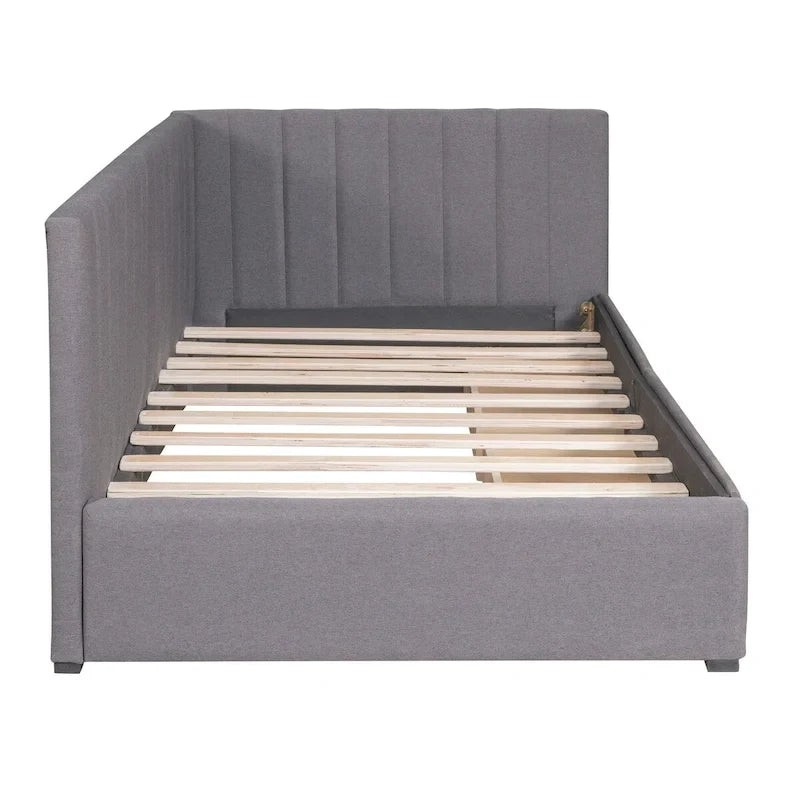 Lit de Repos Rembourré en Tissu de Lin avec 2 Tiroirs de Rangement et Cadre de Canapé-Lit Jumeau & Dossier Rembourré, Aucun Sommier Tapissier Requis