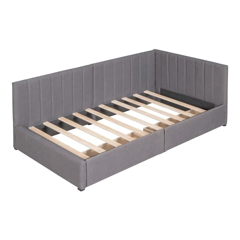 Lit de Repos Rembourré en Tissu de Lin avec 2 Tiroirs de Rangement et Cadre de Canapé-Lit Jumeau & Dossier Rembourré, Aucun Sommier Tapissier Requis
