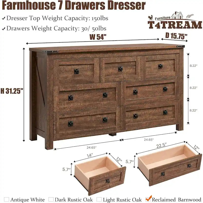 Commode rustique à 7 tiroirs, commode en bois, organiseur de commodes