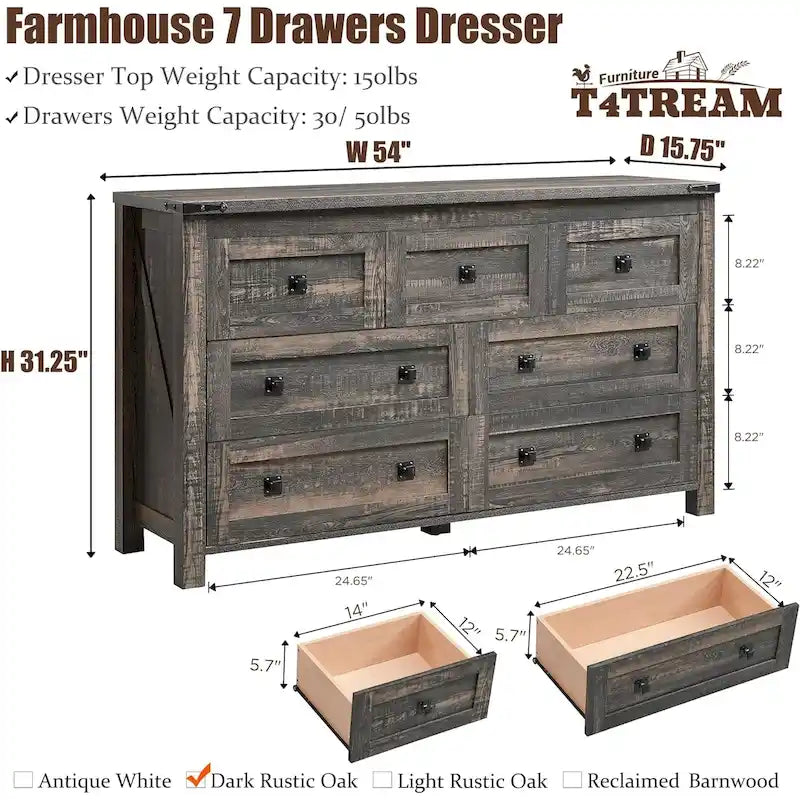 Commode rustique à 7 tiroirs, commode en bois, organiseur de commodes