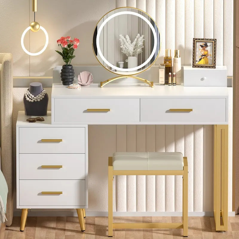 Coiffeuse avec tabouret et miroir LED, coiffeuse moderne avec 6 tiroirs de rangement