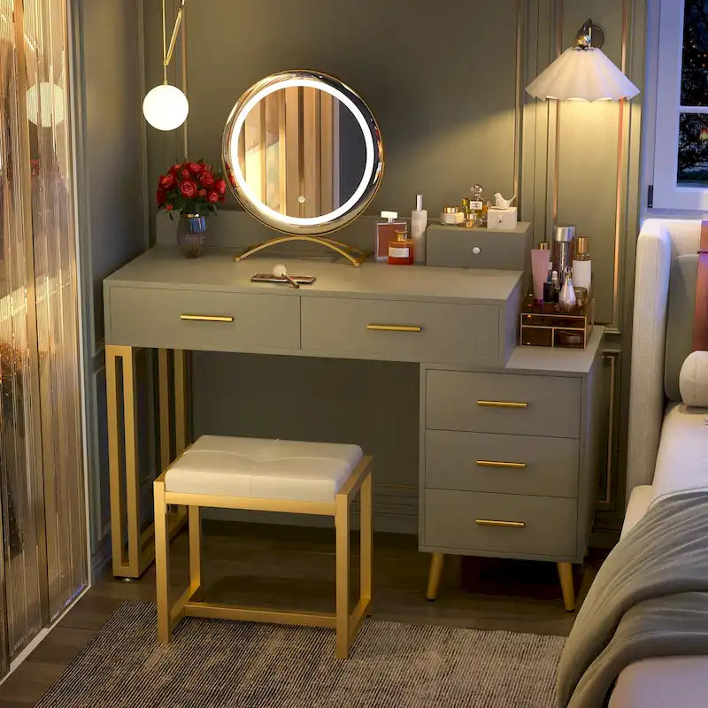 Coiffeuse avec tabouret et miroir LED, coiffeuse moderne avec 6 tiroirs de rangement