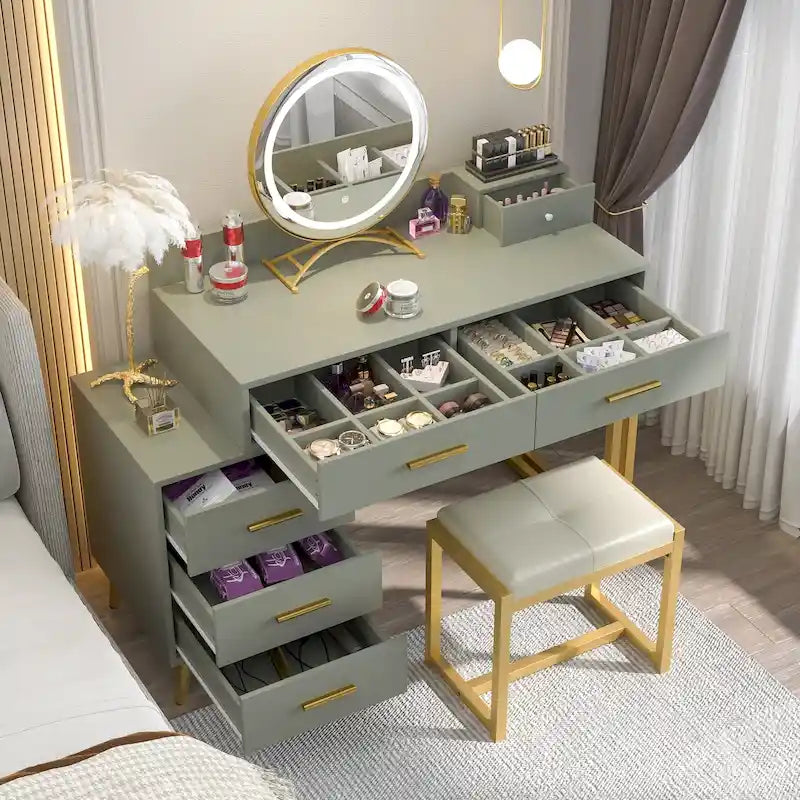 Coiffeuse avec tabouret et miroir LED, coiffeuse moderne avec 6 tiroirs de rangement