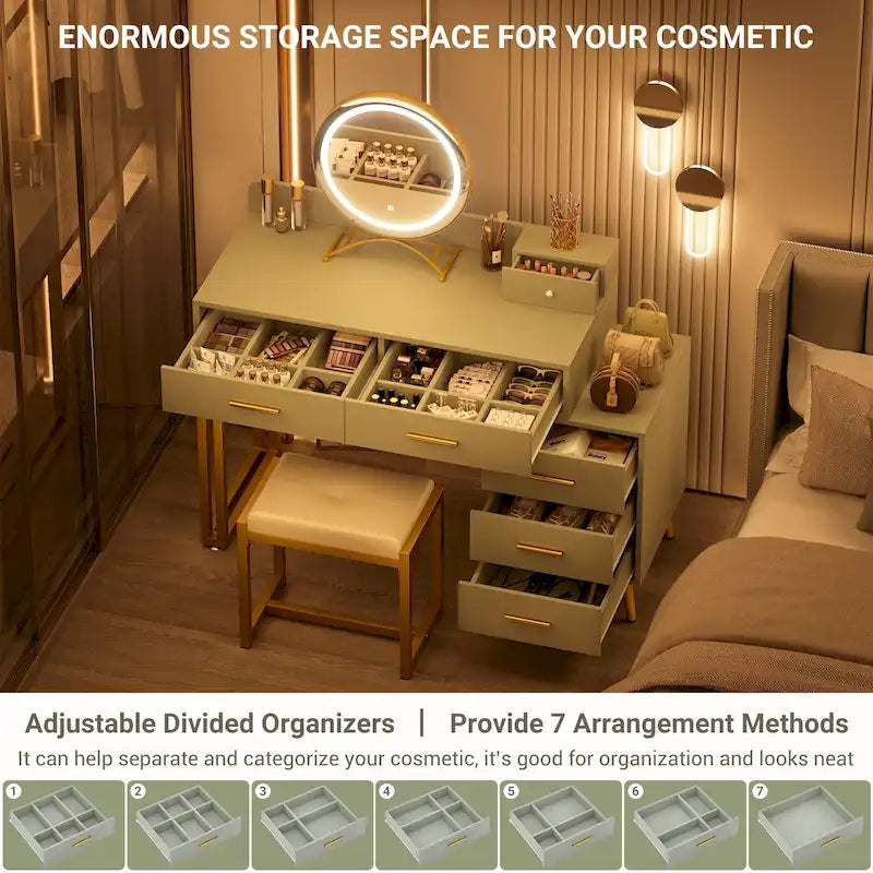 Coiffeuse avec tabouret et miroir LED, coiffeuse moderne avec 6 tiroirs de rangement