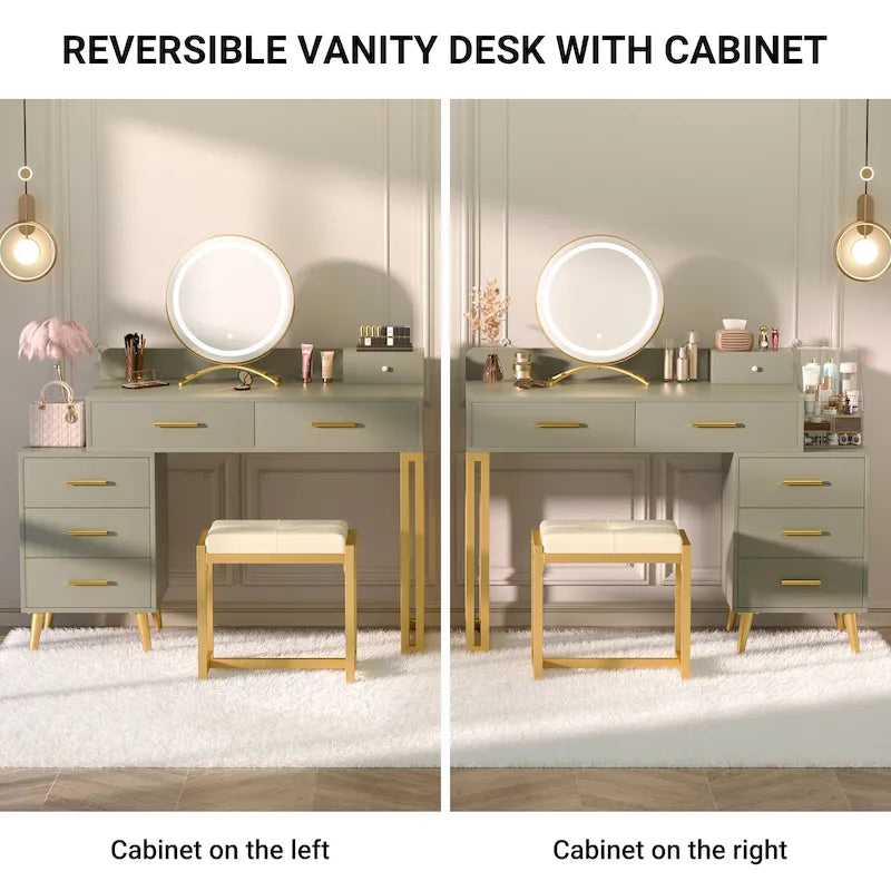 Coiffeuse avec tabouret et miroir LED, coiffeuse moderne avec 6 tiroirs de rangement