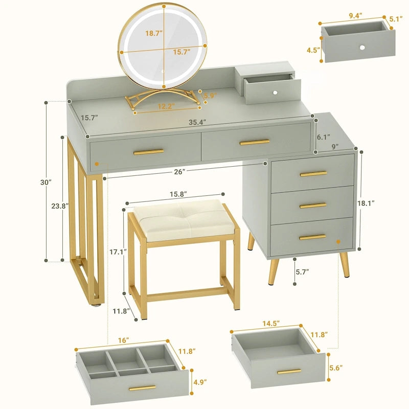 Coiffeuse avec tabouret et miroir LED, coiffeuse moderne avec 6 tiroirs de rangement