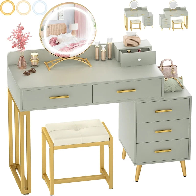 Coiffeuse avec tabouret et miroir LED, coiffeuse moderne avec 6 tiroirs de rangement