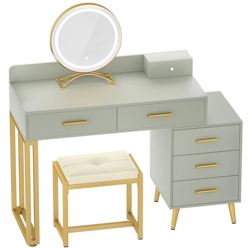 Coiffeuse avec tabouret et miroir LED, coiffeuse moderne avec 6 tiroirs de rangement