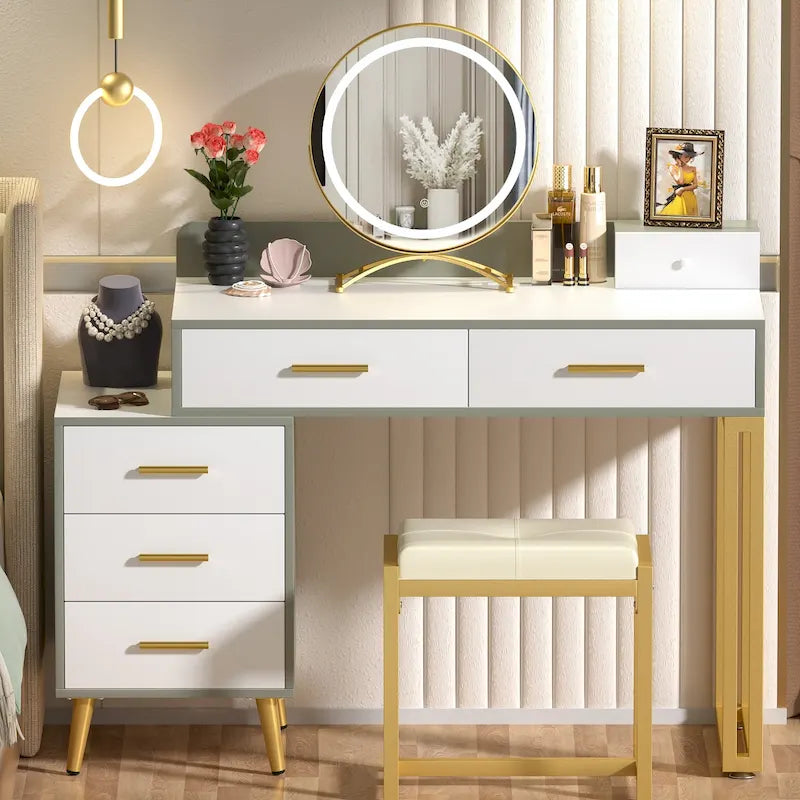 Coiffeuse avec tabouret et miroir LED, coiffeuse moderne avec 6 tiroirs de rangement