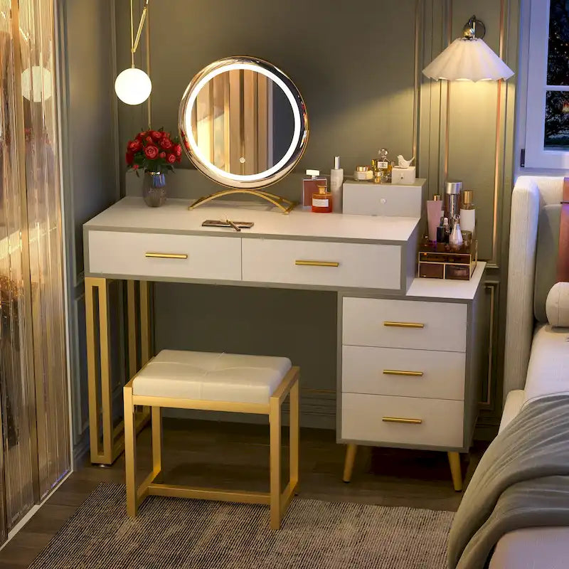 Coiffeuse avec tabouret et miroir LED, coiffeuse moderne avec 6 tiroirs de rangement
