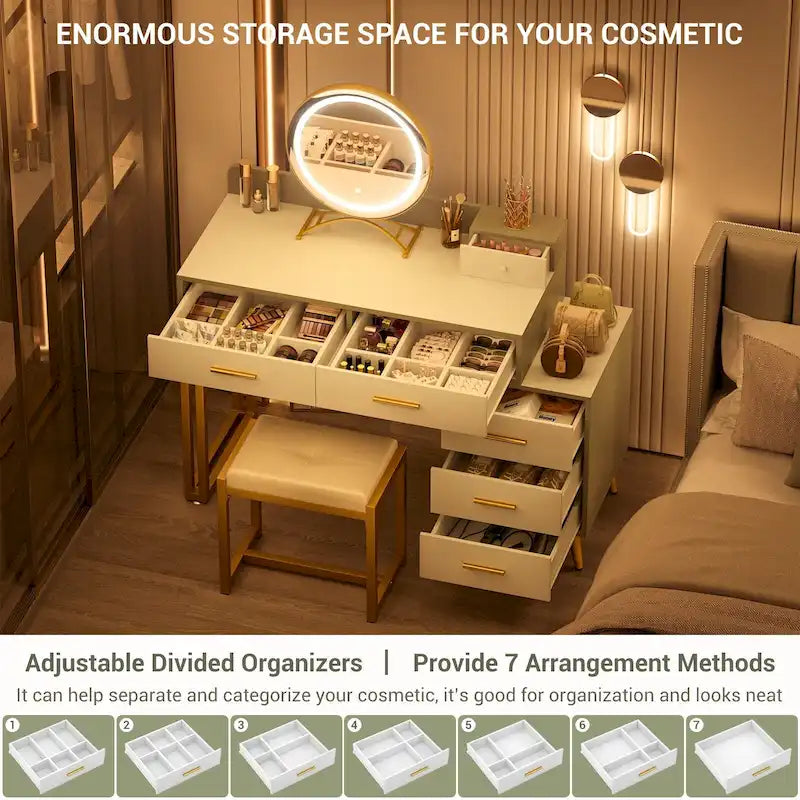 Coiffeuse avec tabouret et miroir LED, coiffeuse moderne avec 6 tiroirs de rangement