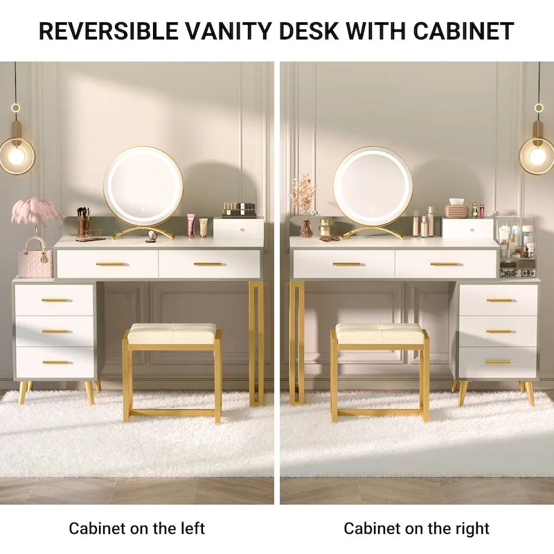 Coiffeuse avec tabouret et miroir LED, coiffeuse moderne avec 6 tiroirs de rangement