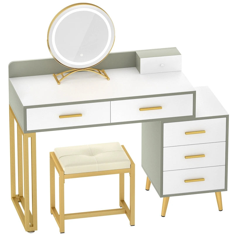 Coiffeuse avec tabouret et miroir LED, coiffeuse moderne avec 6 tiroirs de rangement
