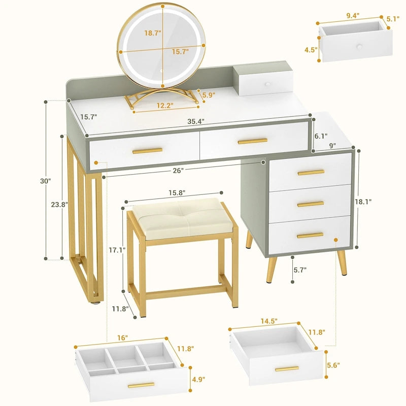 Coiffeuse avec tabouret et miroir LED, coiffeuse moderne avec 6 tiroirs de rangement