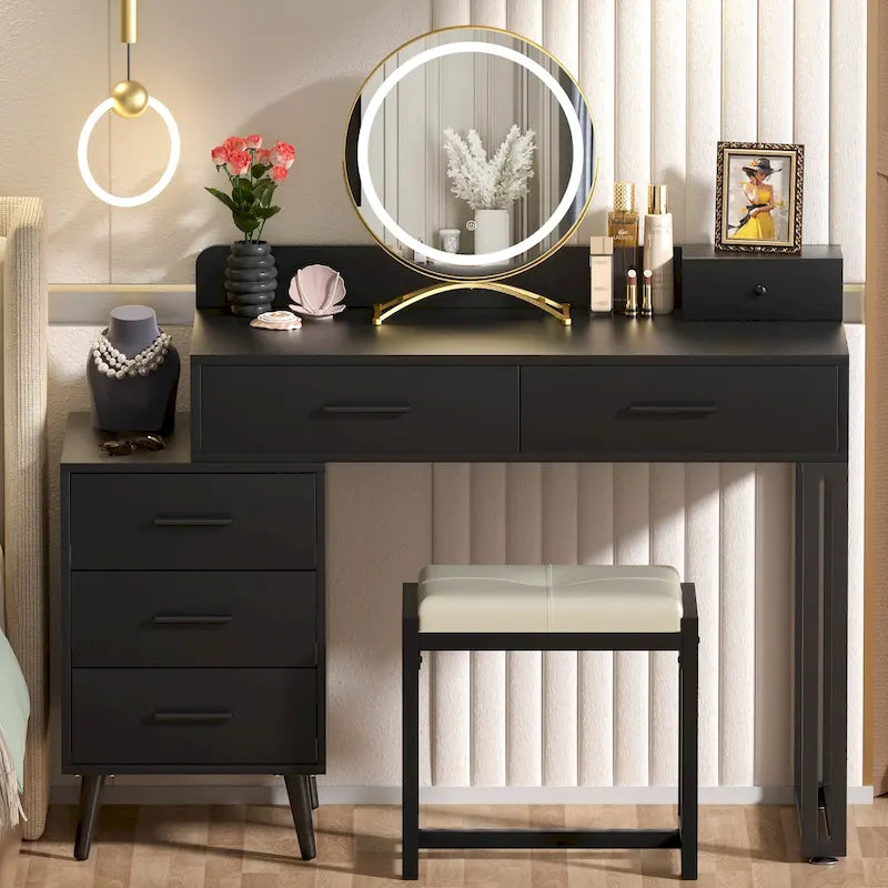 Coiffeuse avec tabouret et miroir LED, coiffeuse moderne avec 6 tiroirs de rangement