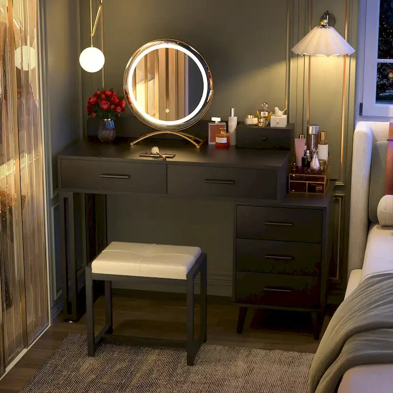 Coiffeuse avec tabouret et miroir LED, coiffeuse moderne avec 6 tiroirs de rangement