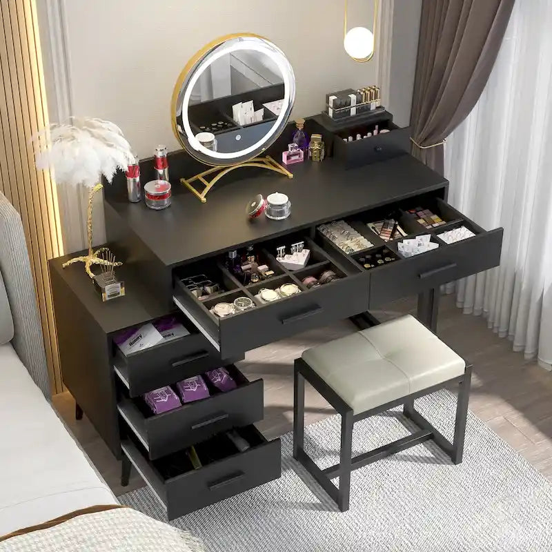 Coiffeuse avec tabouret et miroir LED, coiffeuse moderne avec 6 tiroirs de rangement