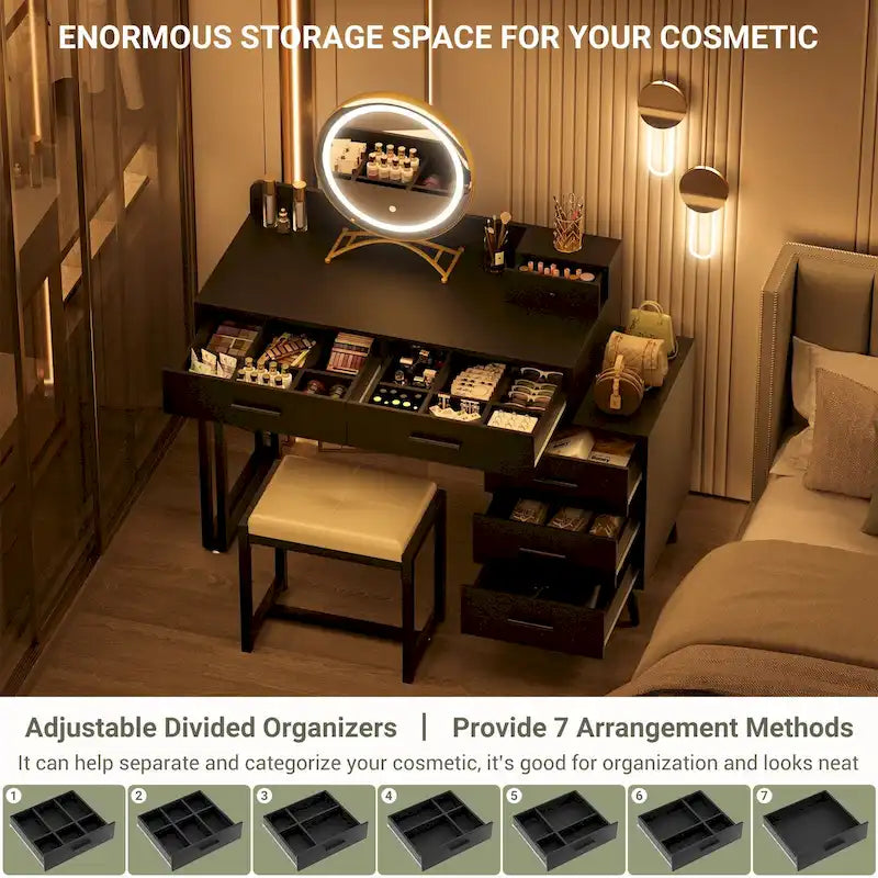 Coiffeuse avec tabouret et miroir LED, coiffeuse moderne avec 6 tiroirs de rangement