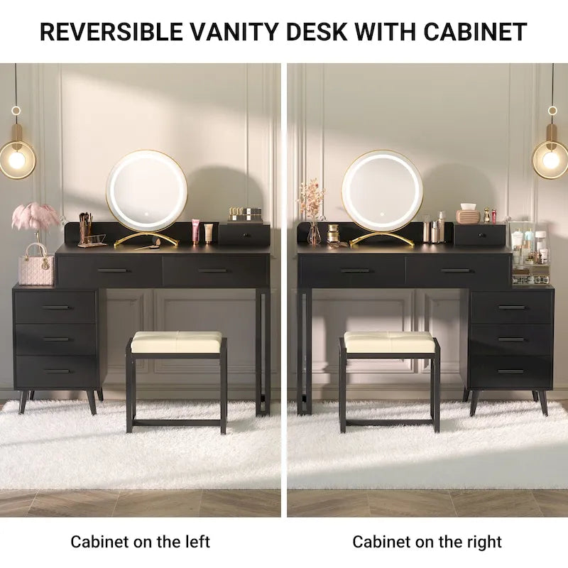 Coiffeuse avec tabouret et miroir LED, coiffeuse moderne avec 6 tiroirs de rangement