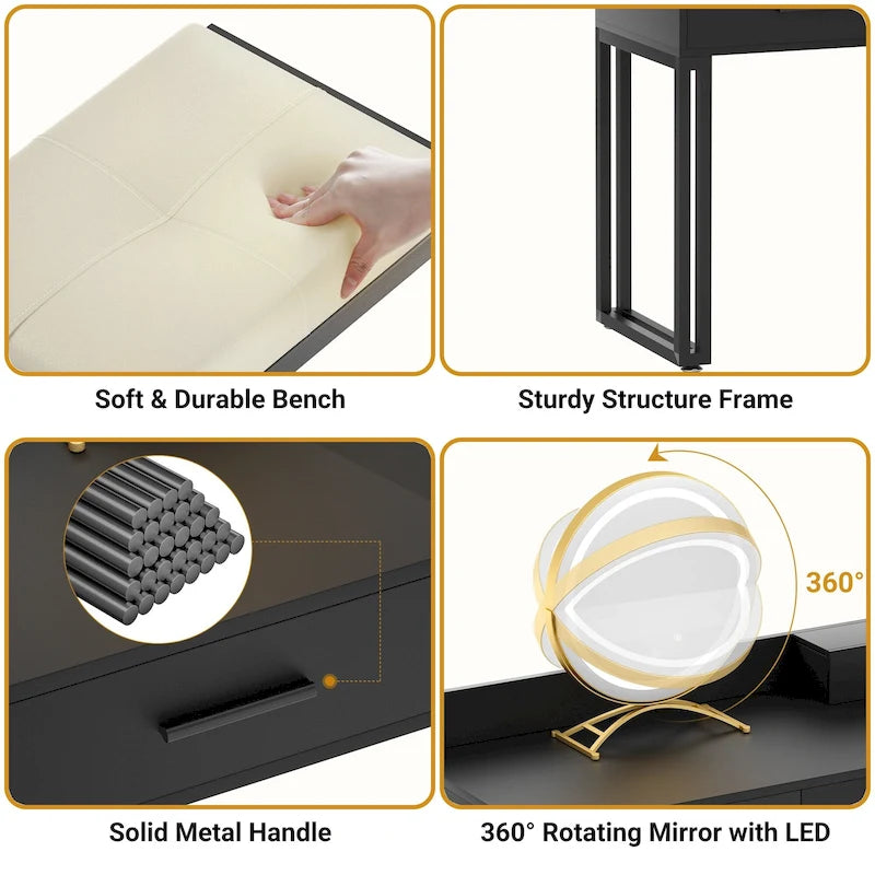 Coiffeuse avec tabouret et miroir LED, coiffeuse moderne avec 6 tiroirs de rangement