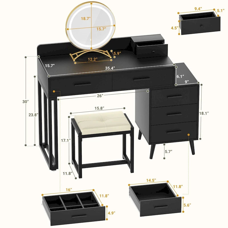 Coiffeuse avec tabouret et miroir LED, coiffeuse moderne avec 6 tiroirs de rangement