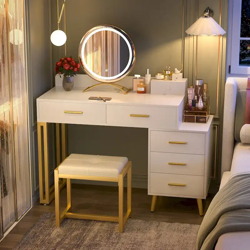 Coiffeuse avec tabouret et miroir LED, coiffeuse moderne avec 6 tiroirs de rangement