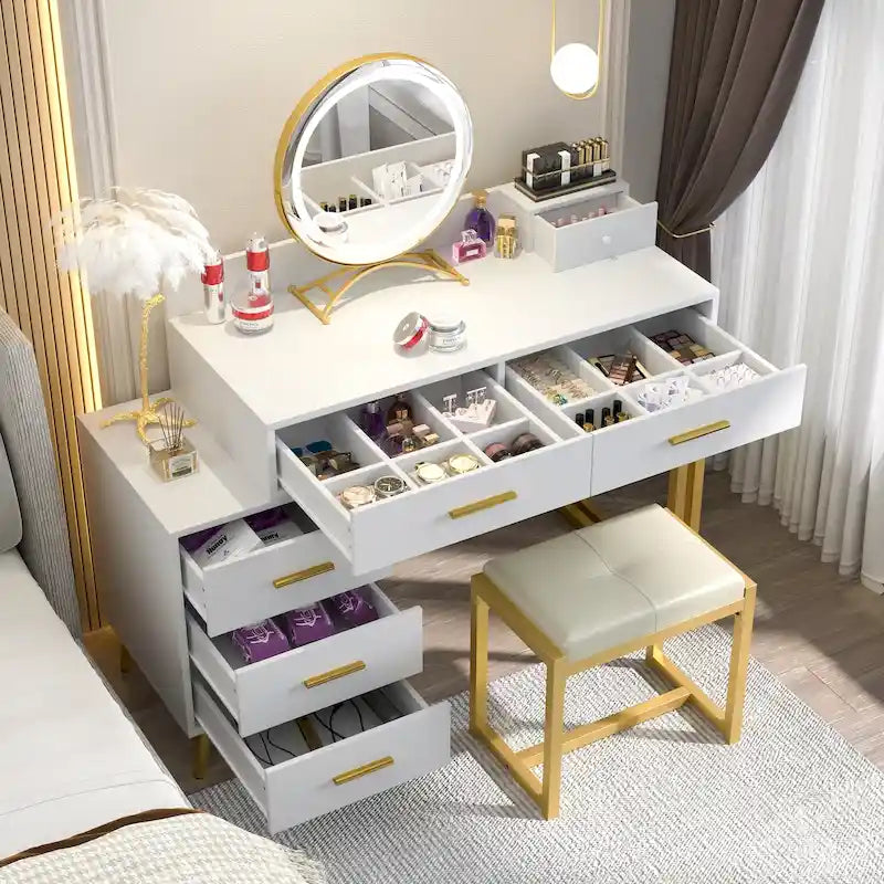 Coiffeuse avec tabouret et miroir LED, coiffeuse moderne avec 6 tiroirs de rangement